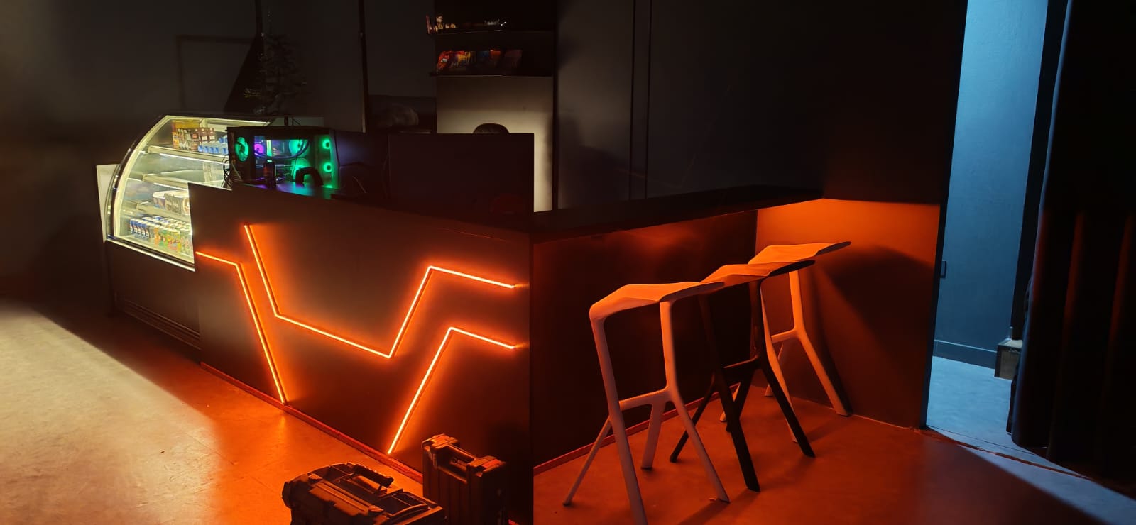 Bar counter with custom orange LED inlay lighting